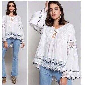 POL Babydoll Peasant Top Womens L White Black Trim Scallop Crochet Lace Boho